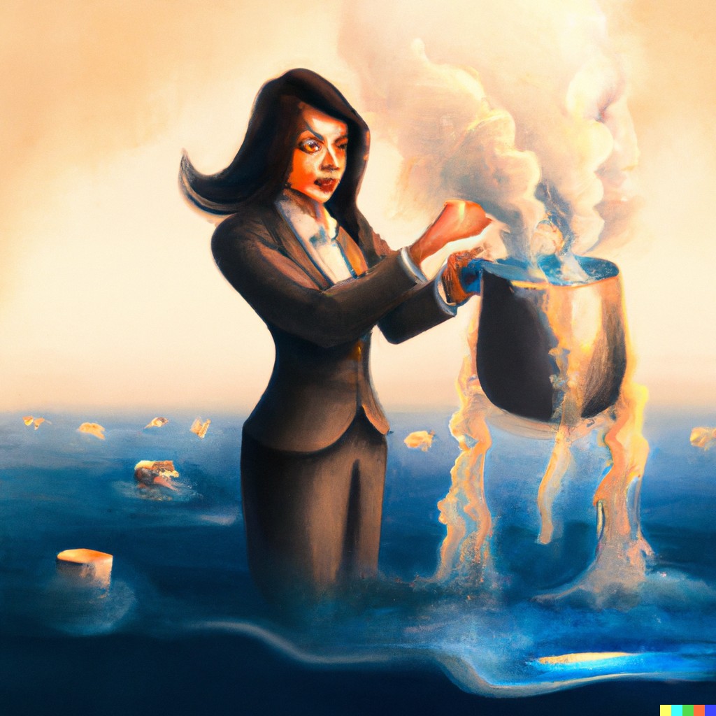 A young woman in a suit trying to boil the ocean in a pan